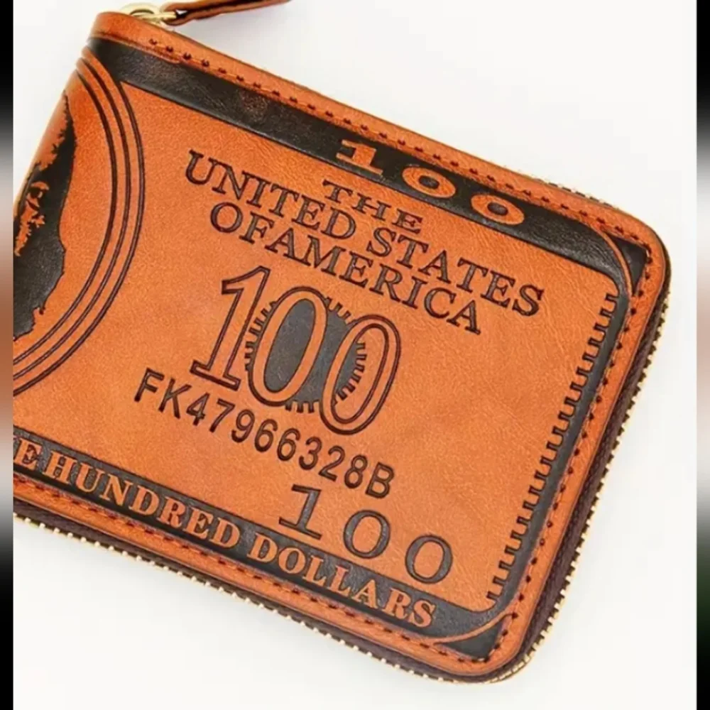 BROWN LEATHER $100 BILL EMBOSSED WALLET ZIP AROUND HOLDS MANY ITEMS RFID PROTECT